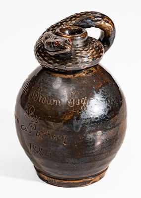 Very Fine Stoneware Snake Jug, "Little Brown Jug by Anna Pottery / 1884"
