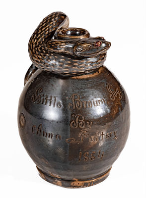 Very Fine Stoneware Snake Jug, "Little Brown Jug by Anna Pottery / 1884"