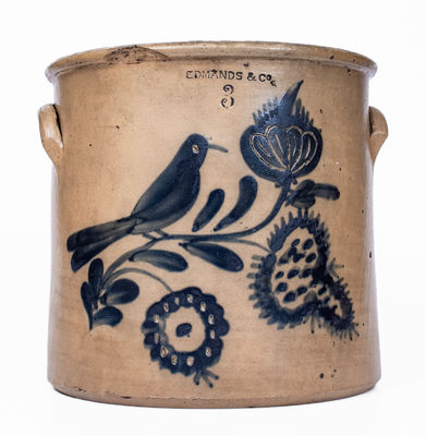 Rare EDMANDS & CO. (Charlestown, Mass.) Stoneware Crock w/ Brushed and Incised Bird / Floral Decoration
