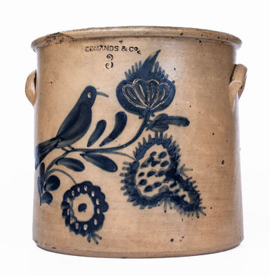 Rare EDMANDS & CO. (Charlestown, Mass.) Stoneware Crock w/ Brushed and Incised Bird / Floral Decoration