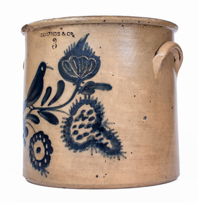 Rare EDMANDS & CO. (Charlestown, Mass.) Stoneware Crock w/ Brushed and Incised Bird / Floral Decoration