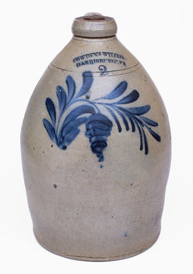 2 Gal. COWDEN & WILCOX / HARRISBURG, PA Stoneware Jug w/ Floral Decoration