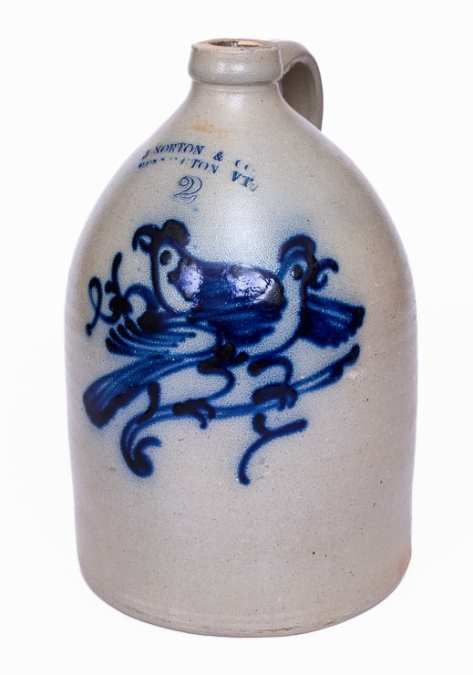 2 Gal. J. NORTON & CO. / BENNINGTON, VT Stoneware Jug with Bold Double Bird Decoration