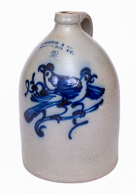 Fine J. NORTON & CO. / BENNINGTON, VT Stoneware Jug w/ Bold Double Bird Decoration