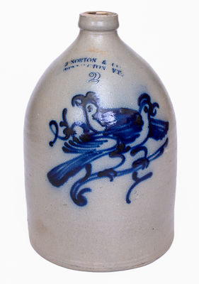 Fine J. NORTON & CO. / BENNINGTON, VT Stoneware Jug w/ Bold Double Bird Decoration