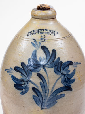 3 Gal. COWDEN & WILCOX / HARRISBURG, PA Stoneware Jug w/ Triple Floral Decoration