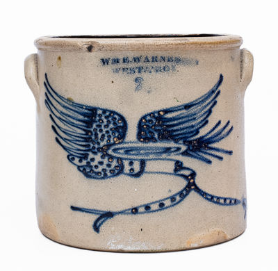 WM. E. WARNER / WEST TROY, NY Stoneware Crock w/ Flying Eagle Decoration