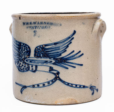 WM. E. WARNER / WEST TROY, NY Stoneware Crock w/ Flying Eagle Decoration