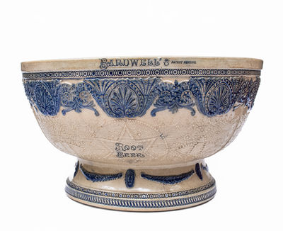 Large Stoneware Molded Punchbowl Advertising BARDWELL S ROOT BEER, Whites Utica