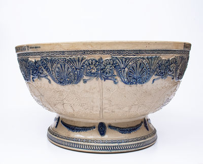 Large Stoneware Molded Punchbowl Advertising BARDWELL S ROOT BEER, Whites Utica