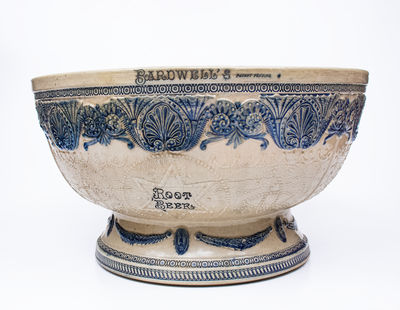 Large Stoneware Molded Punchbowl Advertising BARDWELL S ROOT BEER, Whites Utica