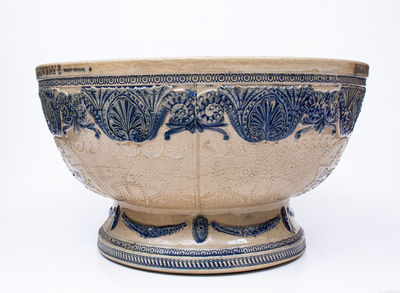 Large Stoneware Molded Punchbowl Advertising BARDWELL S ROOT BEER, Whites Utica