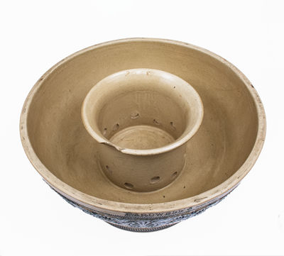 Large Stoneware Molded Punchbowl Advertising BARDWELL S ROOT BEER, Whites Utica