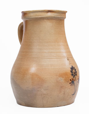 Unusual 2 Gal. Stoneware Pitcher w/ Brown and Blue Floral Decoration, Northeastern U.S.