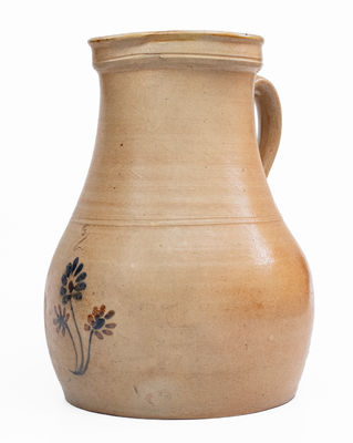 Unusual 2 Gal. Stoneware Pitcher w/ Brown and Blue Floral Decoration, Northeastern U.S.