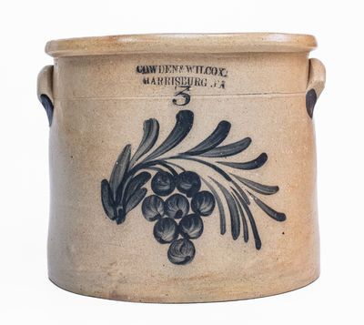 3 Gal. COWDEN & WILCOX / HARRISBURG, PA Stoneware Crock w/ Grapes Decoration
