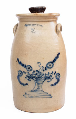 5 Gal. W. ROBERTS BINGHAMTON, NY Stoneware Churn w/ Flowering Urn Decoration