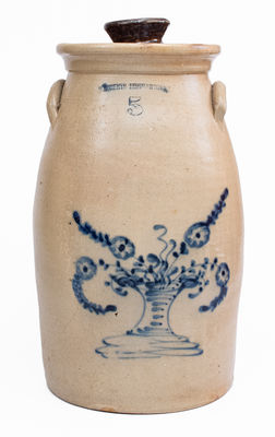 5 Gal. W. ROBERTS BINGHAMTON, NY Stoneware Churn w/ Flowering Urn Decoration