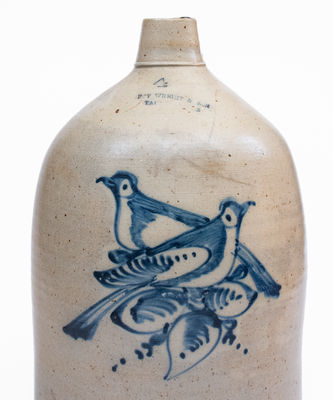 Scarce 4 Gal. F. T. WRIGHT & SON / TAUNTON, MASS. Stoneware Double Bird Jug