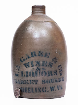 WHEELING, W. VA. Stoneware Jug w/ Stenciled WINES & LIQUORS Advertising