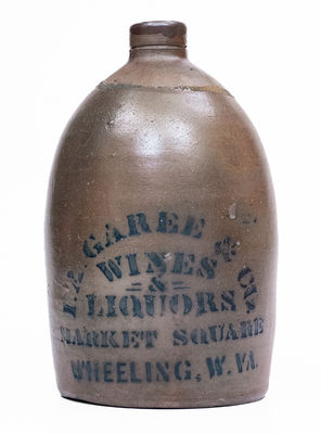 WHEELING, W. VA. Stoneware Jug w/ Stenciled WINES & LIQUORS Advertising