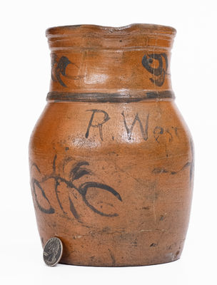Rare Small-Sized Stoneware Pitcher by Rufus West at the Thompson Pottery, Morgantown, WV, c1875