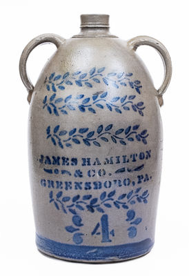 4 Gal. JAMES HAMILTON & CO. / GREENSBORO, PA Stoneware Double-Handled Jug