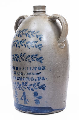4 Gal. JAMES HAMILTON & CO. / GREENSBORO, PA Stoneware Double-Handled Jug
