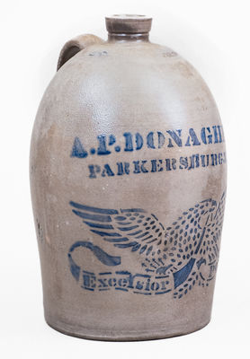 2 Gal. A. P. DONAGHHO / PARKERSBURG, W. VA Stoneware Stenciled Eagle Jug