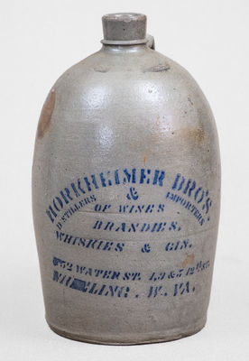 HORKHEIMER BROS. / WHEELING, W. VA Stoneware Stenciled Advertising Jug