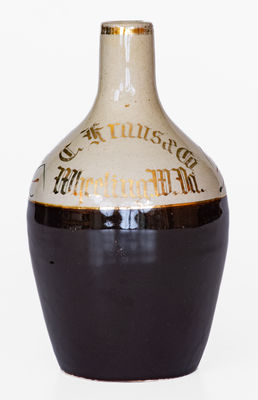 Small Brown & White Jug w/ Gilded Wheeling, W. VA Advertising