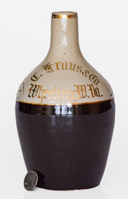 Small Brown & White Jug w/ Gilded Wheeling, W. VA Advertising