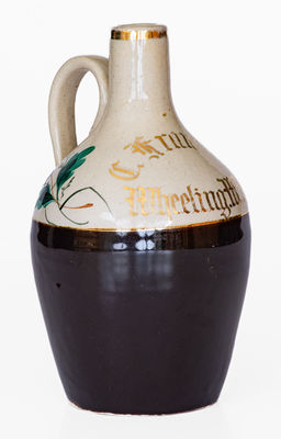 Small Brown & White Jug w/ Gilded Wheeling, W. VA Advertising