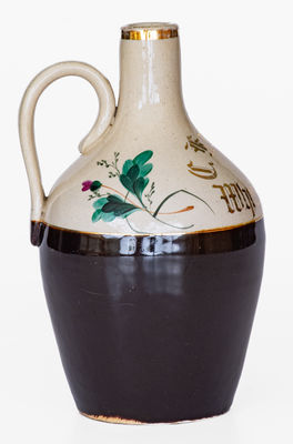 Small Brown & White Jug w/ Gilded Wheeling, W. VA Advertising