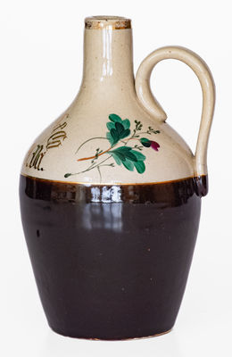 Small Brown & White Jug w/ Gilded Wheeling, W. VA Advertising