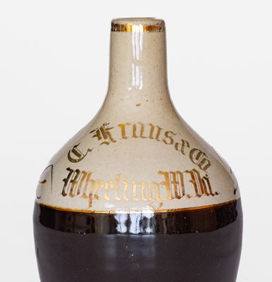 Small Brown & White Jug w/ Gilded Wheeling, W. VA Advertising