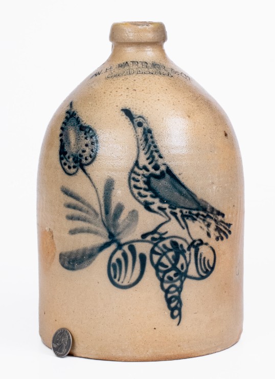 1 Gal. W.H. FARRAR & CO. / GEDDES, NY Stoneware Jug w/ Elaborate Bird on Branch Motif