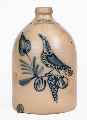 W.H. FARRAR & CO. / GEDDES, NY Stoneware Jug w/ Elaborate Bird on Branch Motif