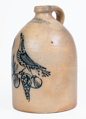W.H. FARRAR & CO. / GEDDES, NY Stoneware Jug w/ Elaborate Bird on Branch Motif