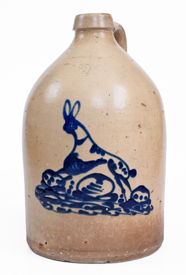Fine 2 Gal. ALBANY, NY Stoneware Jug with Rabbit Decoration
