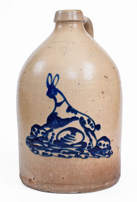 Rare ALBANY, NY Stoneware Jug w/ Bold Rabbit Decoration, c1860
