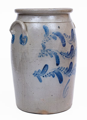6 Gal. Beaver, PA Stoneware Jar w/ Freehand Vine Decoration, c1855