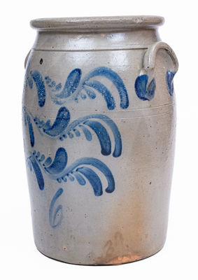 6 Gal. Beaver, PA Stoneware Jar w/ Freehand Vine Decoration, c1855