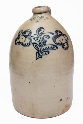 5 Gal. WM. E. WARNER / WEST TROY Stoneware Jug w/ Slip-Trailed Floral Decoration