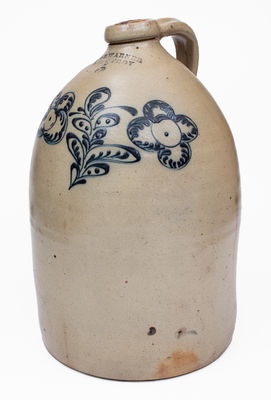 5 Gal. WM. E. WARNER / WEST TROY Stoneware Jug w/ Slip-Trailed Floral Decoration