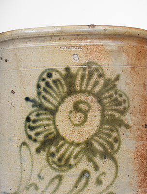 Unusual WHATELY, Mass. Stoneware Crock w/ Greenish Floral Decoration