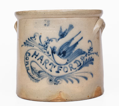 Fine SEYMOUR & BOSWORTH / HARTFORD Stoneware Crock w/ Elaborate Bird and Banner Decoration