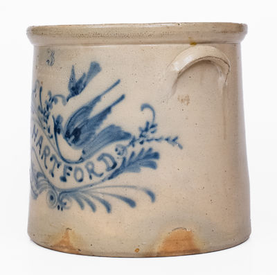 Fine SEYMOUR & BOSWORTH / HARTFORD Stoneware Crock w/ Elaborate Bird and Banner Decoration