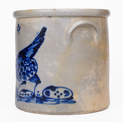 4 Gal. ALBANY, NY Stoneware Crock w/ Large Chicken Decoration, c1860