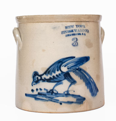 3 Gal. NEW YORK STONEWARE CO. / FORT EDWARD, NY Stoneware Crock w/ Elaborate Bird